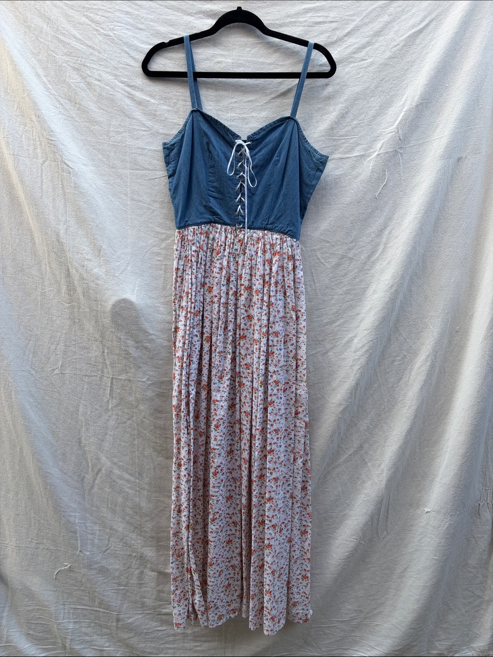 1970s Tie-Front Spaghetti Strap Maxi Dress with Floral Skirt